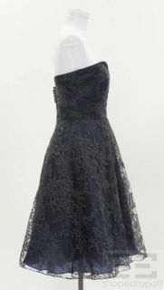 Carolina Herrera Navy & Grey Lace Overlay Sweetheart Strapless Dress