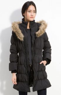 NWT   HAWKE & CO Womens QUILTED Faux Fur Trim RUCHED Down COAT Black