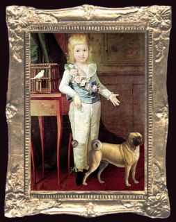 Colonial Child Pug Dollhouse Picture Framed Miniature