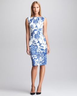 Printed Twill Sheath Dress, Blue/White