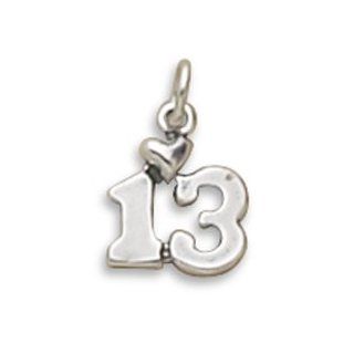 Sterling Silver Charm Pendant Number 13 with Heart Birthday Bar