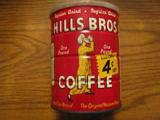 Vintage 1963 Hills Bros Coffee Tin Can Container One Pound 1 lb 4