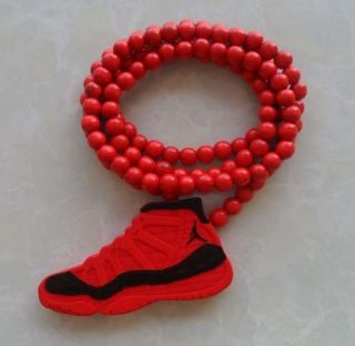 Hip Hop Jordan Retro Shoes Pendants Wood Rosary Bead Necklaces Red K