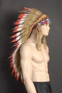 Deluxe Red Native Indian Chief Feather Headdress 80cm Long Red Tip