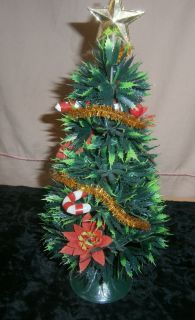 Vintage Holiday Plastic Green Decorated Christmas Tree Red White