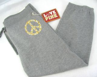  Pink Bling Embellished Peace Sign Sweats Sweatpants M Gray