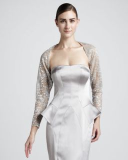 Carmen Marc Valvo Metallic Strapless Peplum Gown   