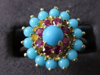  18kt Yellow Gold Turquoise Ring with Syn Rubies