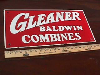   21 X 10 1 2 RED STEPPED PORCELAIN SIGN BALDWIN GLEANER COMBINES 79NR