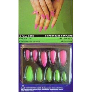 Fingernails Long Neon Pink and Green Press on Fake False