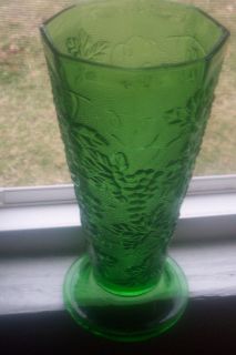 Indiana Glass Green Grape Harvest Pattern 9 1 2  Footed Vase Vtg VGC