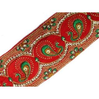 1 Y Red Velvet Fabric Peacock Design Gold Sequin Trim Lace