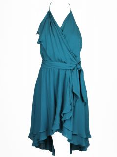 Haute Hippie Womens Take Me Now Teal Ruffled Silk Halter Dress s $515
