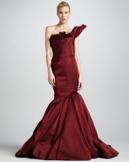 Asymmetric Satin Wrap Gown, Burgundy