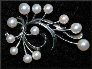 Vintage 12 Pearl Signed K Mikimoto Japan Sterling Silver Brooch Pin