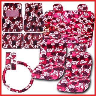 Red Hawaiian Flowers Car Seat Covers Accessories Set