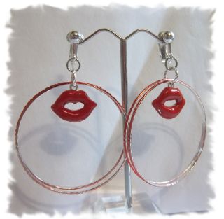 Clip on 1 75 Red Lips Charm Double Hoop Earrings C811 Juicebox Jewels