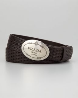 M046V Prada Stamped Leather Oval Logo Buckle Belt, Brown