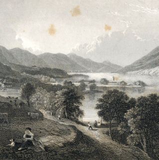  Engraving Loch Earn Perth Kinross Scotland Highlands mountain village