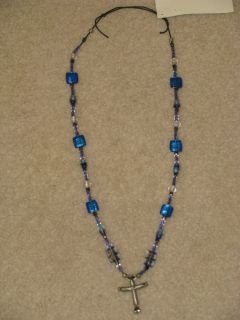 Handmade Glass Beaded Bended Horseshoe Nail Cross Necklace Blues