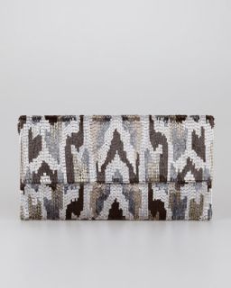 Ikat Beaded Large Fold Over Clutch Bag, Pewter