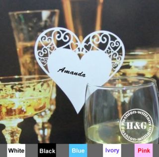 50 Heart Shaped Wedding Name Place Cards Glass Place Cards in White