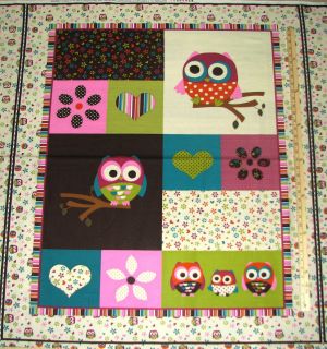 Hoot Owl Owls on Branches Flowers Cotton Fabric Panel 1 Yard
