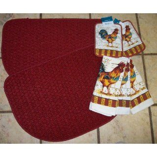 2 Red 18 x 27 inch slice rugs with 3 Rooster Dish Towels