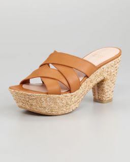 S9806 Stuart Weitzman Sliderules Leather and Raffia Platform Slide