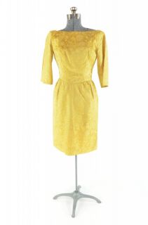 Vtg 50′s Gold Floral Brocade Hourglass Wiggle Evening Dress Sz S