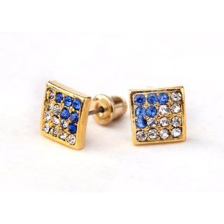Iced Hip Hop Square CZ Stud Blue & Clear Earrings, Gold