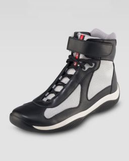 N04AX Prada High Top Leather Sneaker, Black/Silver