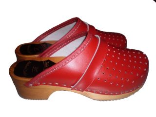 Genuine Red Leather Wooden Sole Swedish Style Clogs Womens Mens All