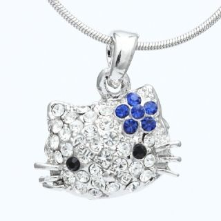 Blue Rhinestone Crystal Flower Puffy Hello Kitty Face Pendant Necklace