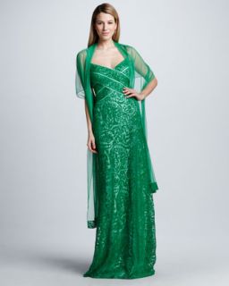  stole available in green leaf $ 488 00 tadashi shoji lace gown with