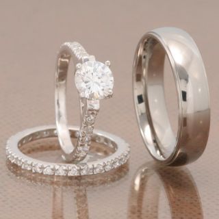 His Hers 3 Pcs Mens Womens Titanium Sterling Silver CZ Wedding Ring