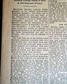 1921 Newspaper Stanislaus Zbyszko Wins Pro Wrestling Title vs