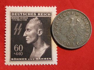 Old WAR COIN WWII w Sw and Stamp Heydrich unc