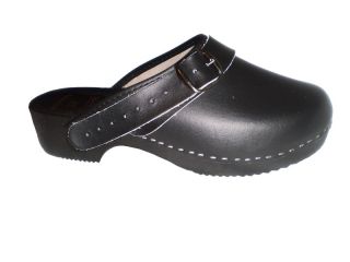 Genuine Black Leather Wooden Sole Swedish Style Clogs Womens Mens with