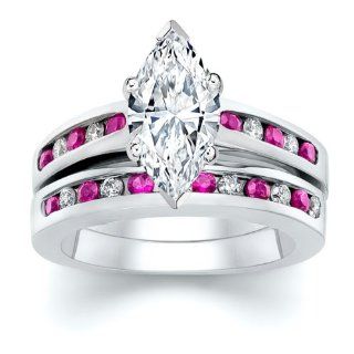 4.51 ct Marquise Diamond W Round Pink Sapphire Ring Set