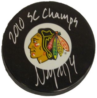  Signed Blackhawks Logo Hockey Puck w 2010 SC Champs Schwartz