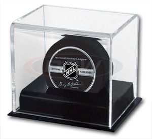 The BCW Deluxe Acrylic Hockey Puck Display features a black base with