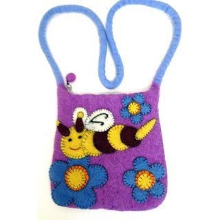 Pouch Handbag Hand made of Felt, with Flower& Bee Purple