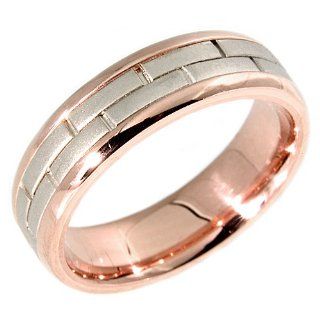 14K. White And Pink Two Tone Gold Brick Design Comfort Fit Wedding