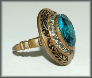 Vintage Aqua Glass Rhinestone Enameled Brass Ring Sz 5 1 4