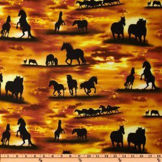 44 Wide Sunrise Sunset Horse Silhouettes Gold Fabric By