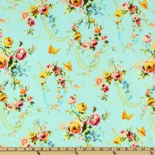 44 Wide Flower Power Loopy Vintage Floral Blue Fabric By