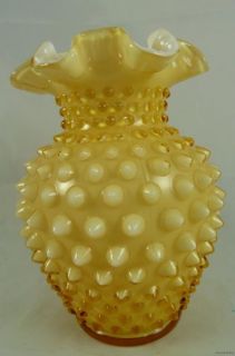 Vintage Fenton Art Glass Honey Amber Hobnail Overlay 5 1 2 Vase 3656