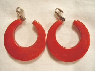 Bakelite Clip on Hoop Earrings Crescent Shaped Burnt Orange Marbled