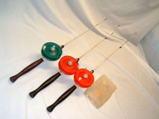 VINTAGE ICE FISHING RODS LOT OF 3 HOMEMADE BOBBERS SINKERS LINE on